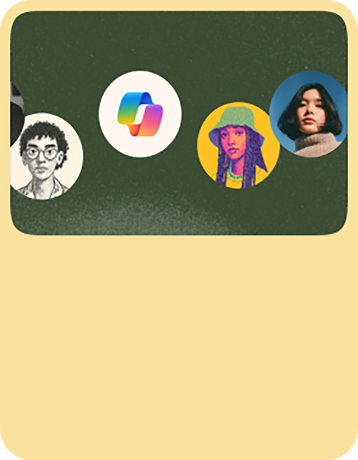Illustration showing four circular profile icons on a dark green background, including three stylized portraits and one multicolor Copilot logo