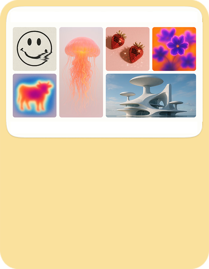 A collage of illustrations that show the variety of images you can create: like a graphic smiley face, glowing jellyfish, disco strawberries, or a heat image cow silhouette