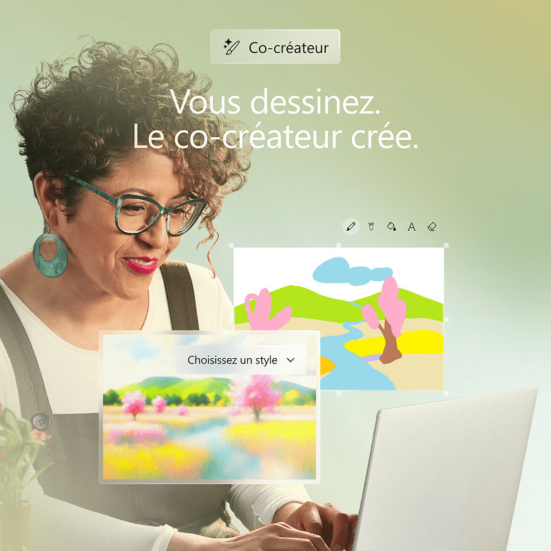 Une personne souriante tapant sur un ordinateur portable ouvert avec des fichiers image Cocréateur agrandis, des outils d'édition et une icône sur fond vert clair 