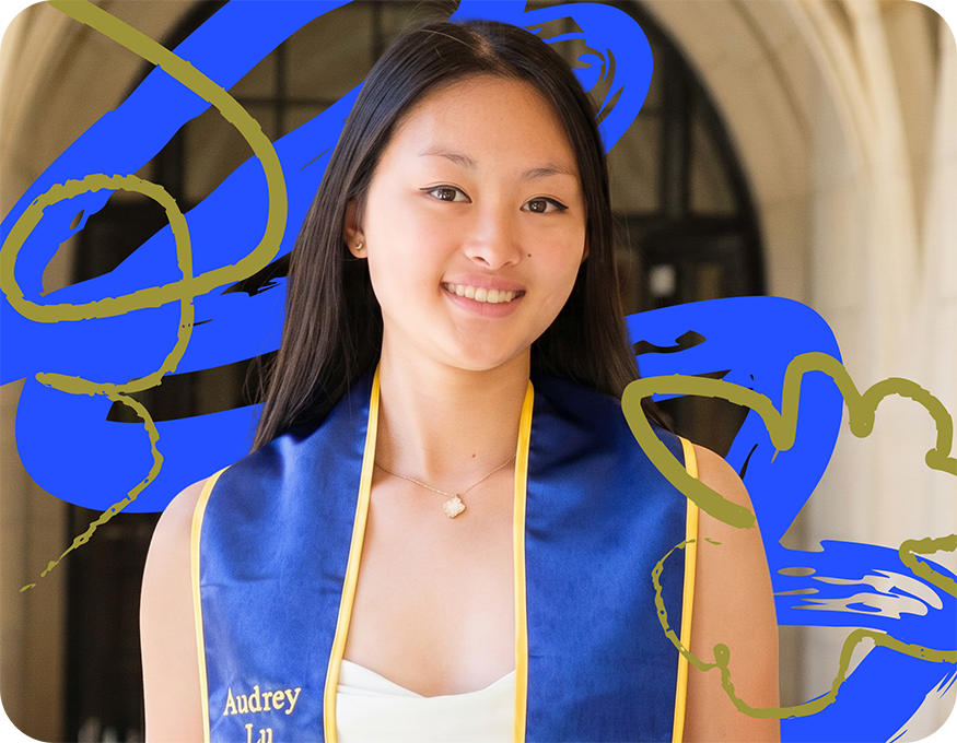 Person in blue outfit standing in an arched hallway with blue doodle accents around portrait