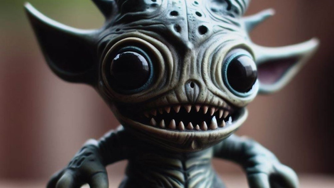 Cute but treacherous little alien with big eyes, horns, and sharp teeth