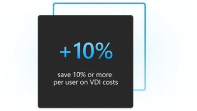 Dark grey shaded square with blue gradient around perimeter, containing blue gradient percentage detailing savings on VDI costs.