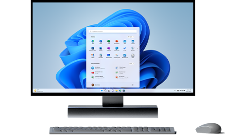 Skrivbordsskärm med en allt-i-ett-skärm med fönster med fästa och rekommenderade appar, med tangentbord och mus