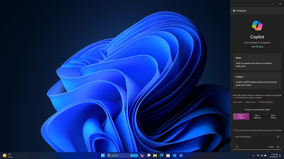 Desktop with bloom screen showing Copilot in Windows with Big Chat Enterprise popover on right side of screen.