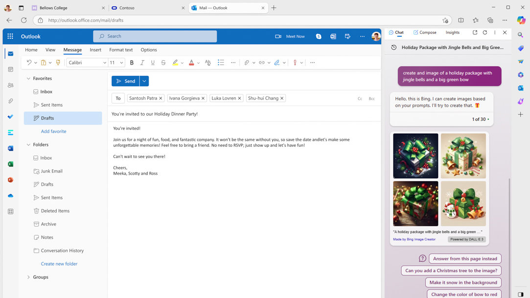 Email holiday party invite and Microsoft Copilot in Edge sidebar