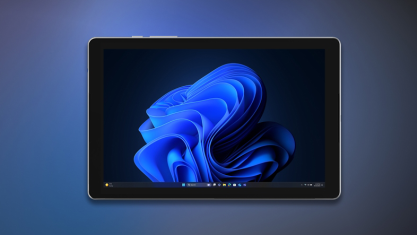 2-in-1 device with the Microsoft blue bloom on home screen