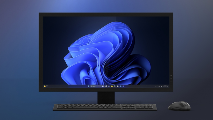 An all-in-one device with the Microsoft blue bloom on home screen