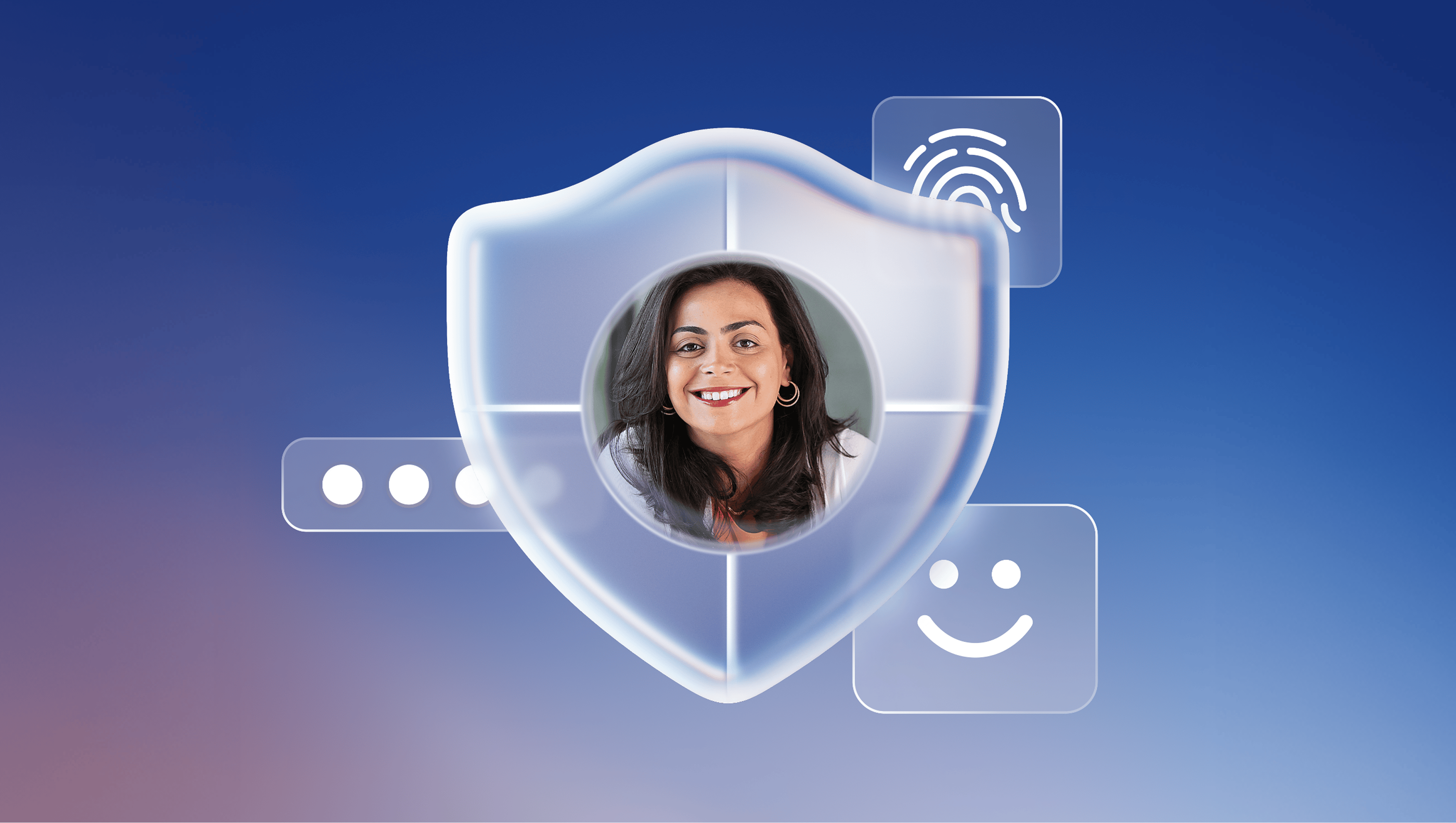 Gradient blue background with a shield icon with a person's face in the center, surrounded by a speech bubble with an ellipsis on the left, a fingerprint on the upper right, and a smiley face on the lower right