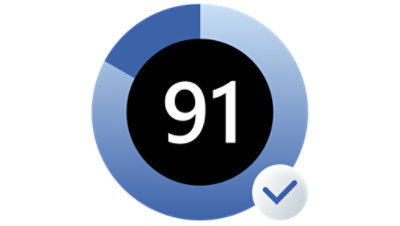 A white circle filled up with blue to indicate almost full with the number 90 in the middle and a small checkmark on the lower right-hand corner.