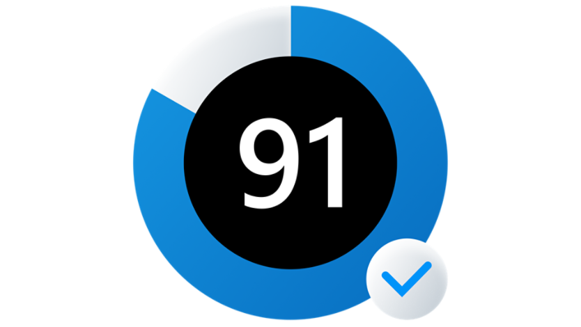 A white circle filled up with blue to indicate almost full with the number 90 in the middle and a small checkmark on the lower right-hand corner.