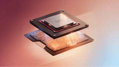 A partially disassembled computer chip labelled 'NPU' (Neural Processing Unit), revealing internal components with glowing circuitry and connectors. The background features a warm gradient.