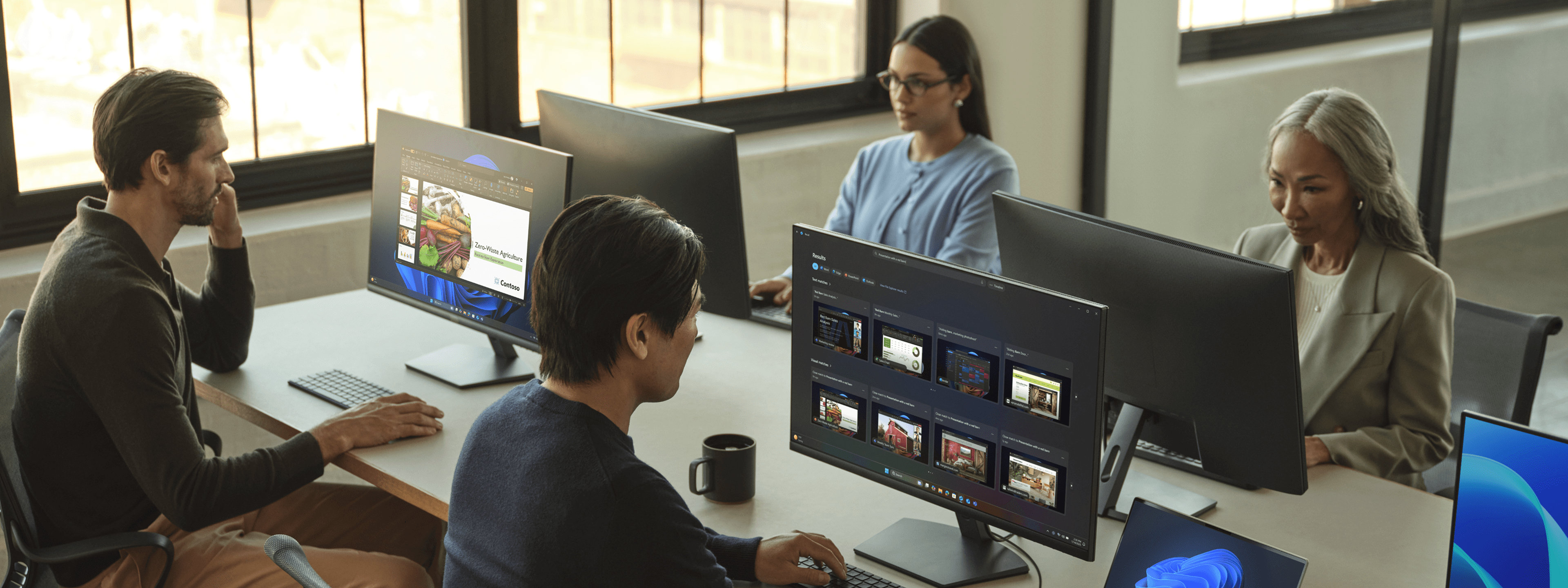 Four people working at a table with Dell monitors, in a room with large windows and natural light.