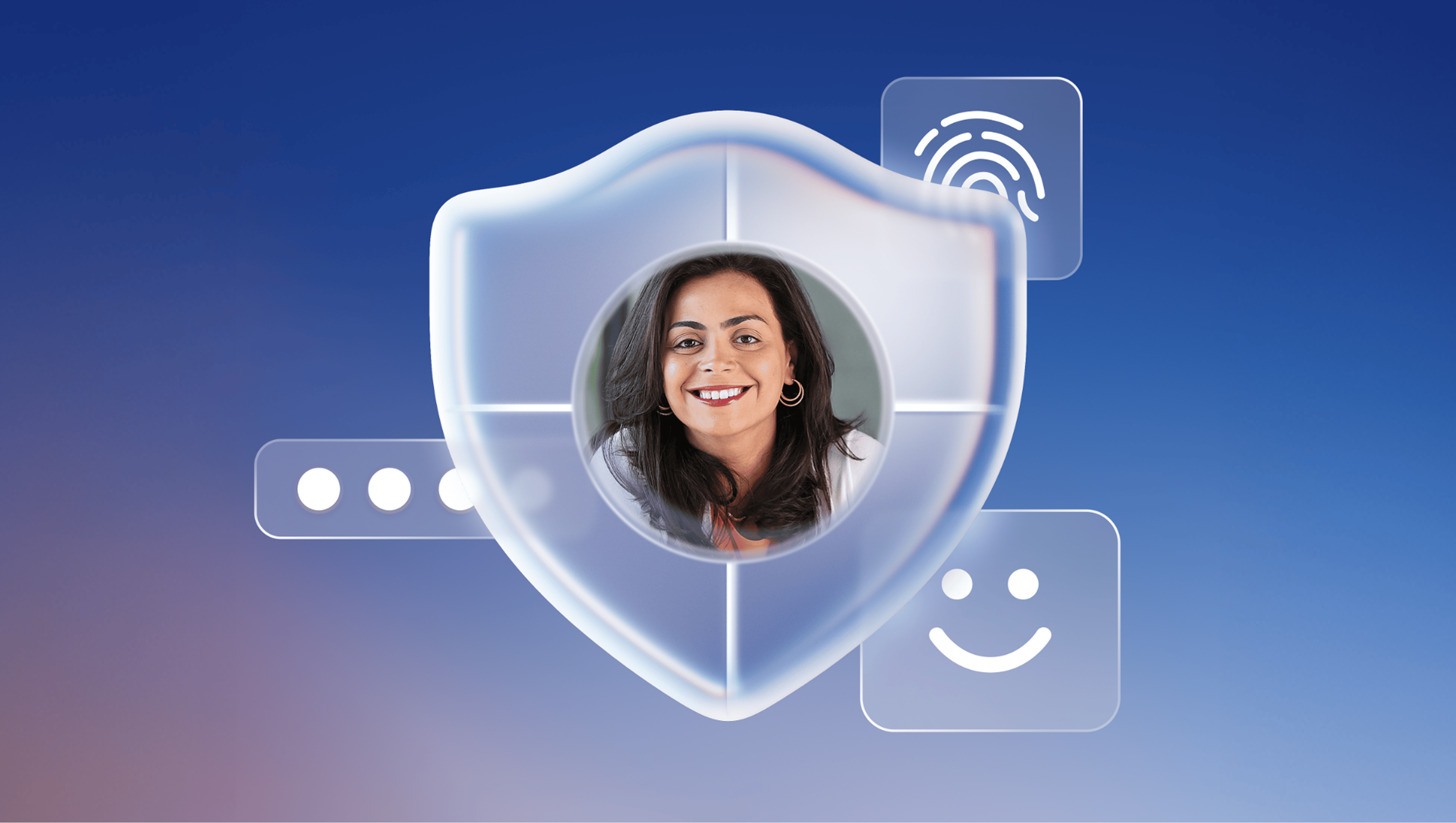 A shield icon with a person’s face in the center, surrounded by a speech bubble with an ellipsis on the left, a fingerprint on the upper right, and a smiley face on the bottom right, on a gradient blue background