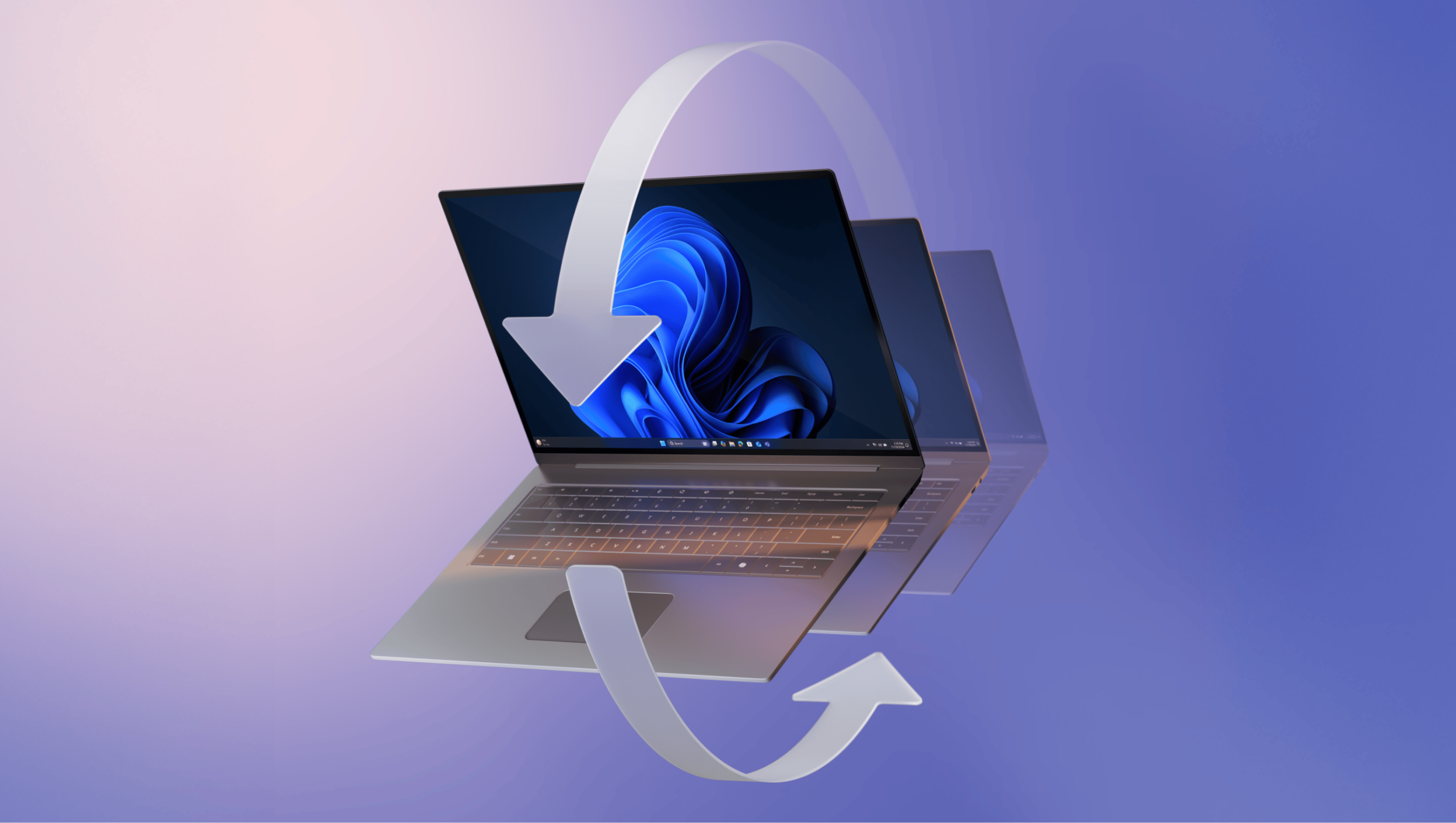 A laptop with a blue bloom on its screen, shown in motion with a transparent duplicate behind it to suggest rotation or transformation. Two large semi-transparent arrows form a circular shape around the laptop. Background is a gradient from light pink to blue.