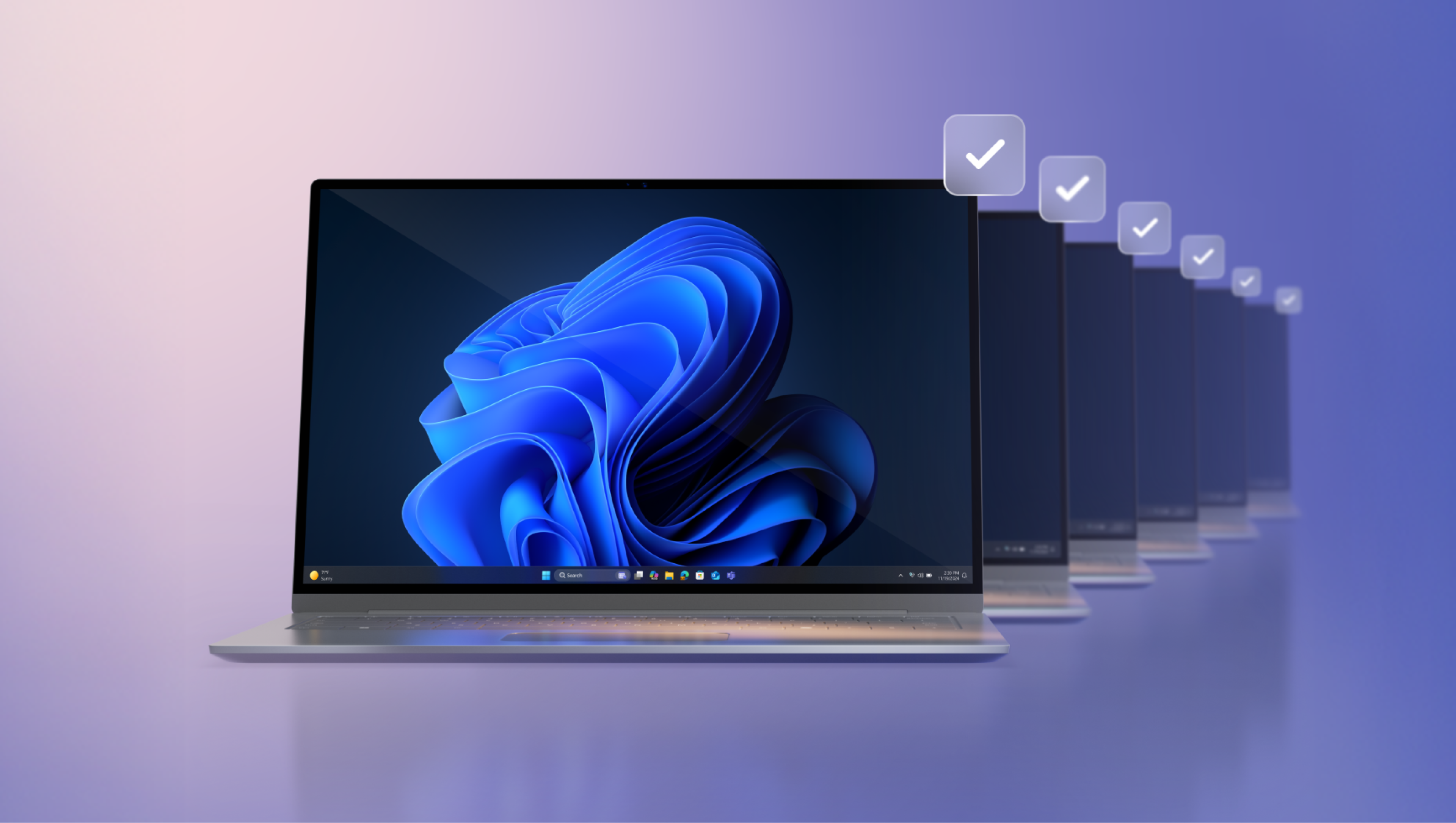 A modern laptop with a blue bloom on its screen is in the foreground, with identical laptops fading into the background. Each screen has a checkmark icon above it. The background gradient shifts from light pink to purple.