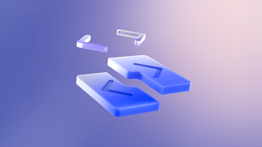 Three translucent blue rectangles with raised arrow symbols, floating on a light purple to blue gradient background.