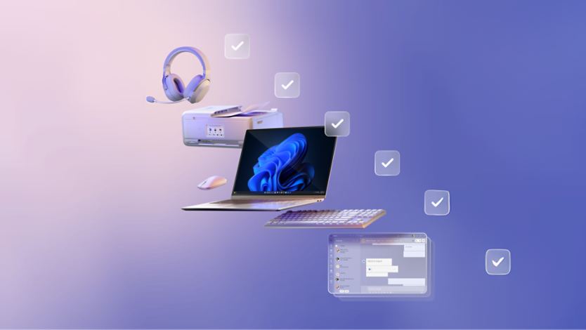 A laptop with a blue bloom on its screen with floating accessories around it.