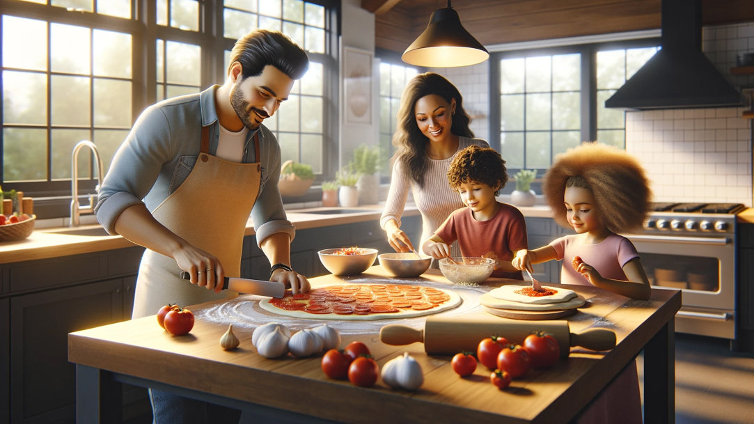 Family making pizza in a kitchen