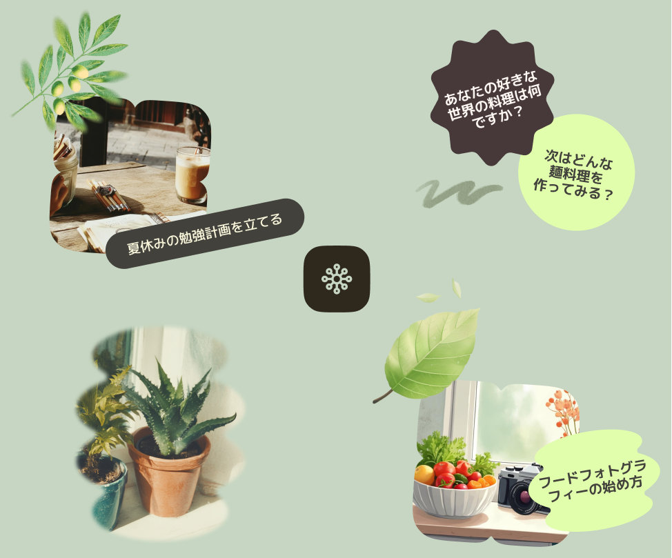 キッチンのテーブルに置かれたクリップボード、棚に置かれた野菜のボウルの横に置かれたカメラ、窓の前に置かれた鉢植えの植物、吹き出しが重なり合って見える、セージ グリーンの背景に Copilot のメモリ アイコンが置かれた、複数の小さな AI が生成した画像です