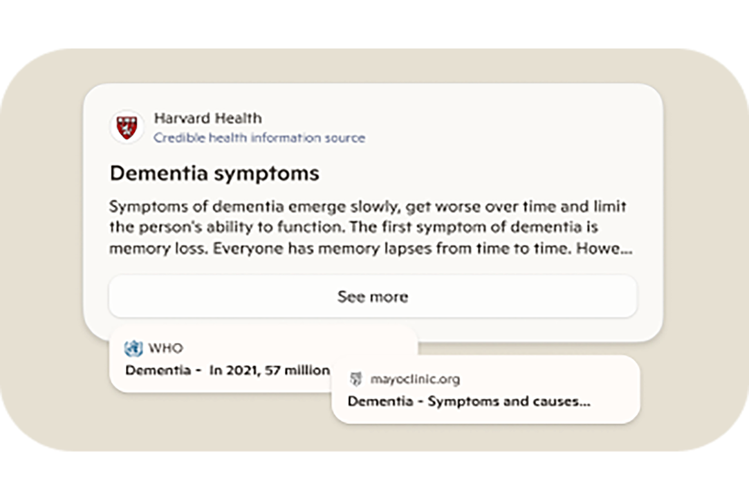 Copilot displays a health info card on dementia symptoms from Harvard Health, with related sources from WHO and Mayo Clinic shown below