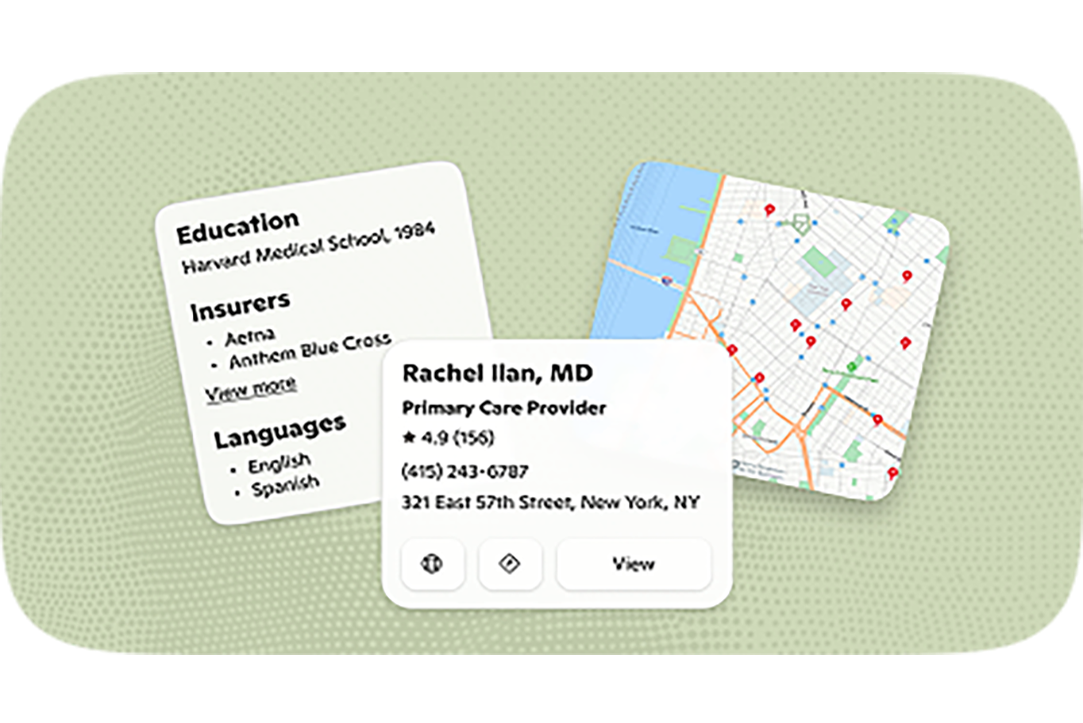 Graphic with text ‘Sources you can trust’ showing cards for doctor details, accepted insurers, languages, and a map with location pins on a green background