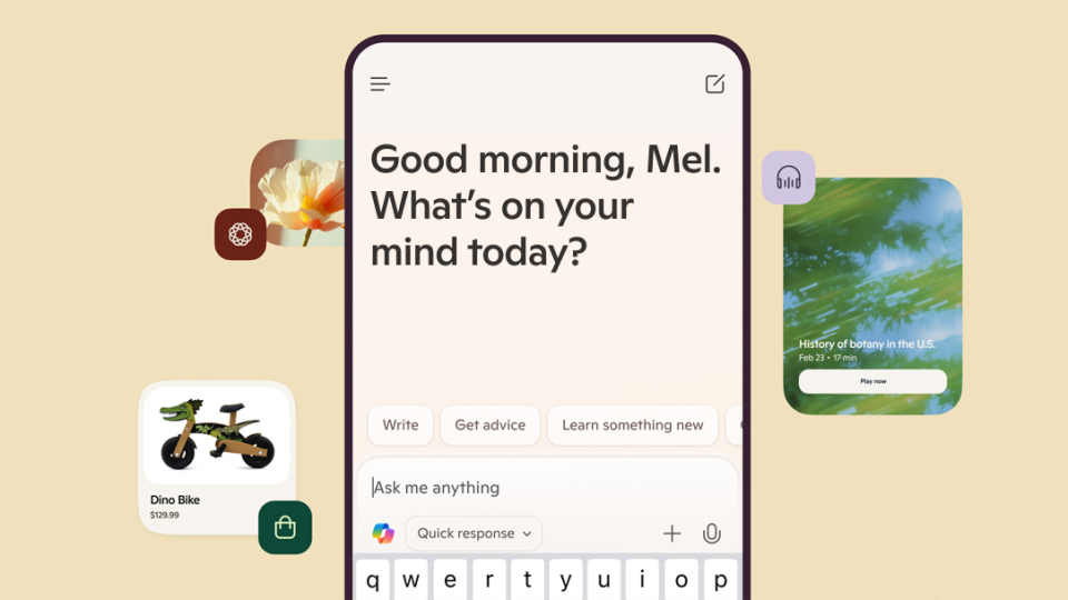 A mobile screen showing the Copilot app with images and Copilot feature icons surrounding it