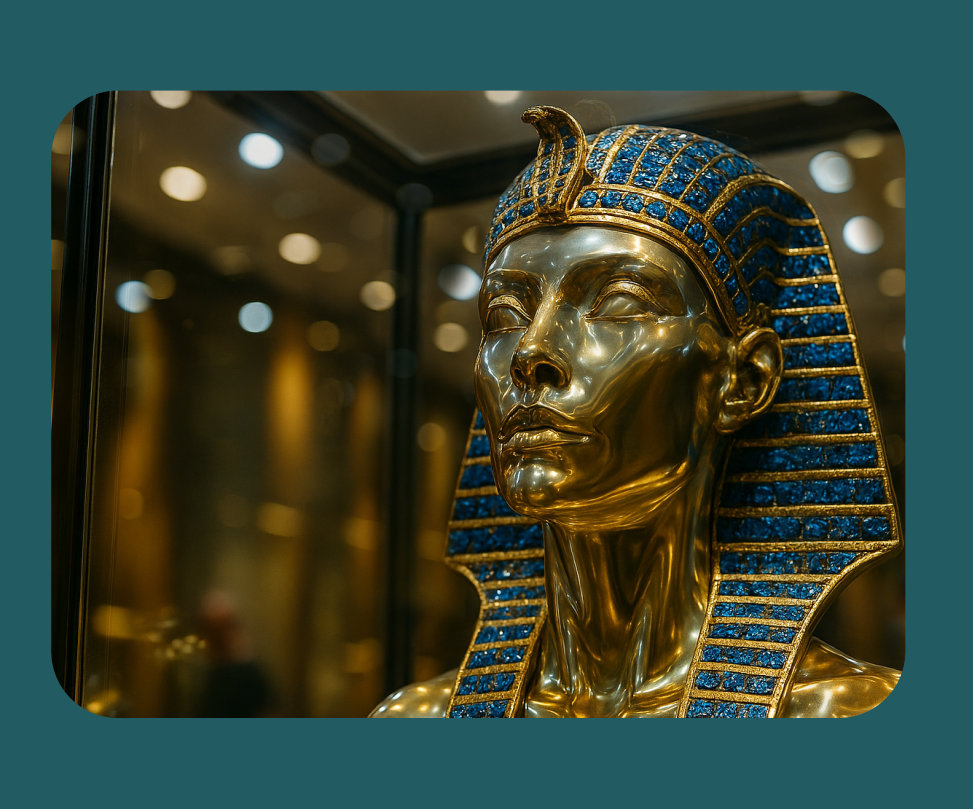 Female Pharoah, brass, lapis and gold bust, on display in a museum