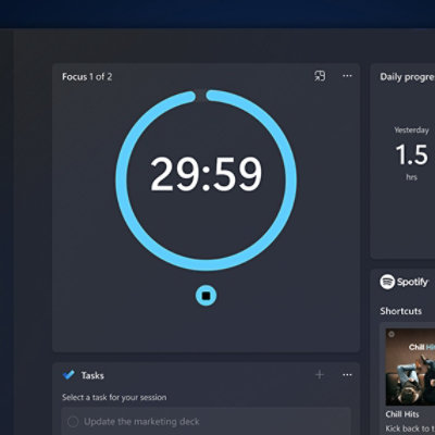 Pantalla Sesiones de concentración con un temporizador en cuenta atrás