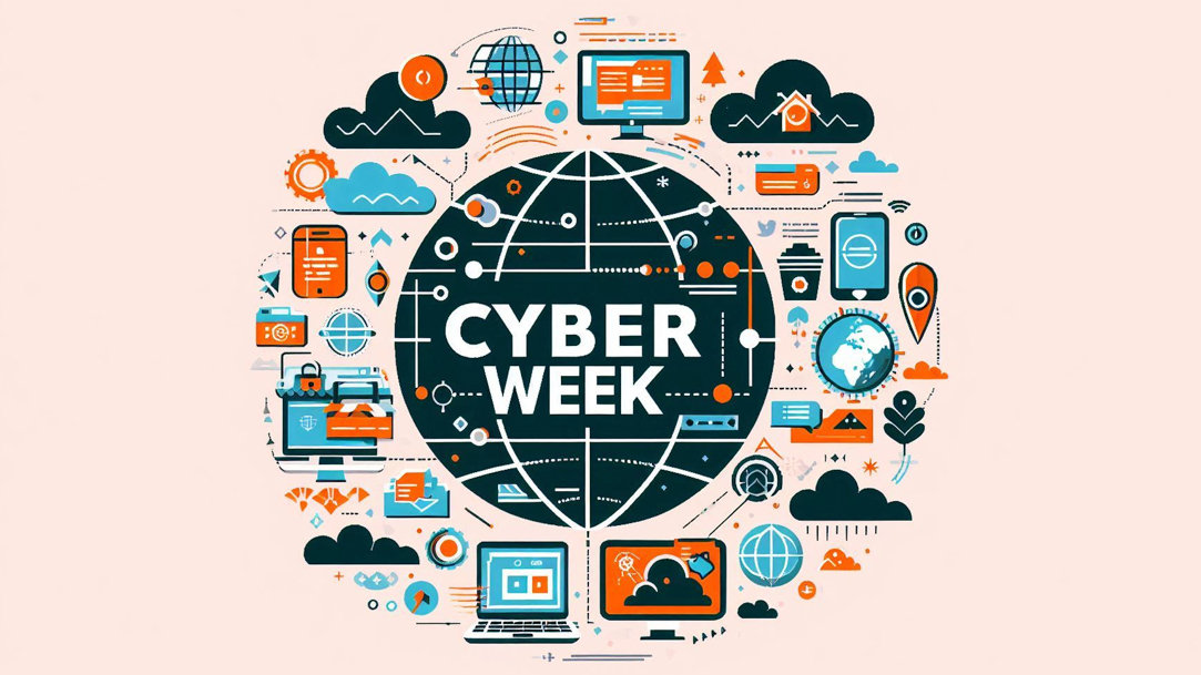 Graphic with "Cyber Week" text centered around various technology symbols and devices