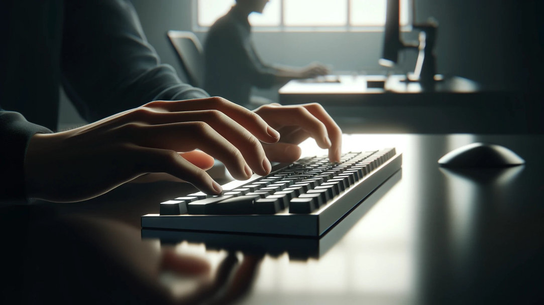 Hands typing on a wireless keyboard