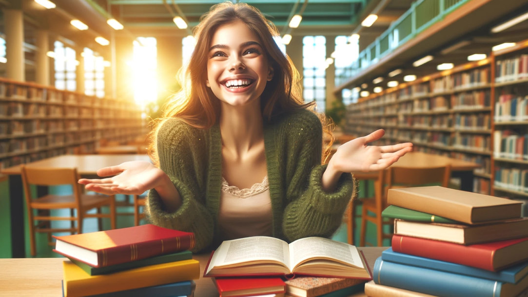 Happy college student in a library sitting at a table of full of books