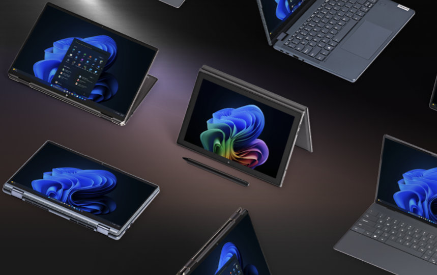 Multiple Windows devices displayed on solid purple background