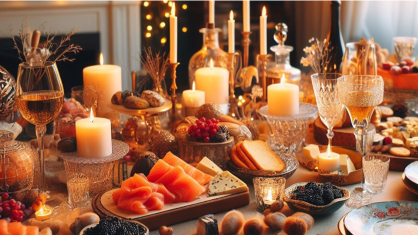 Holiday table with food and candles