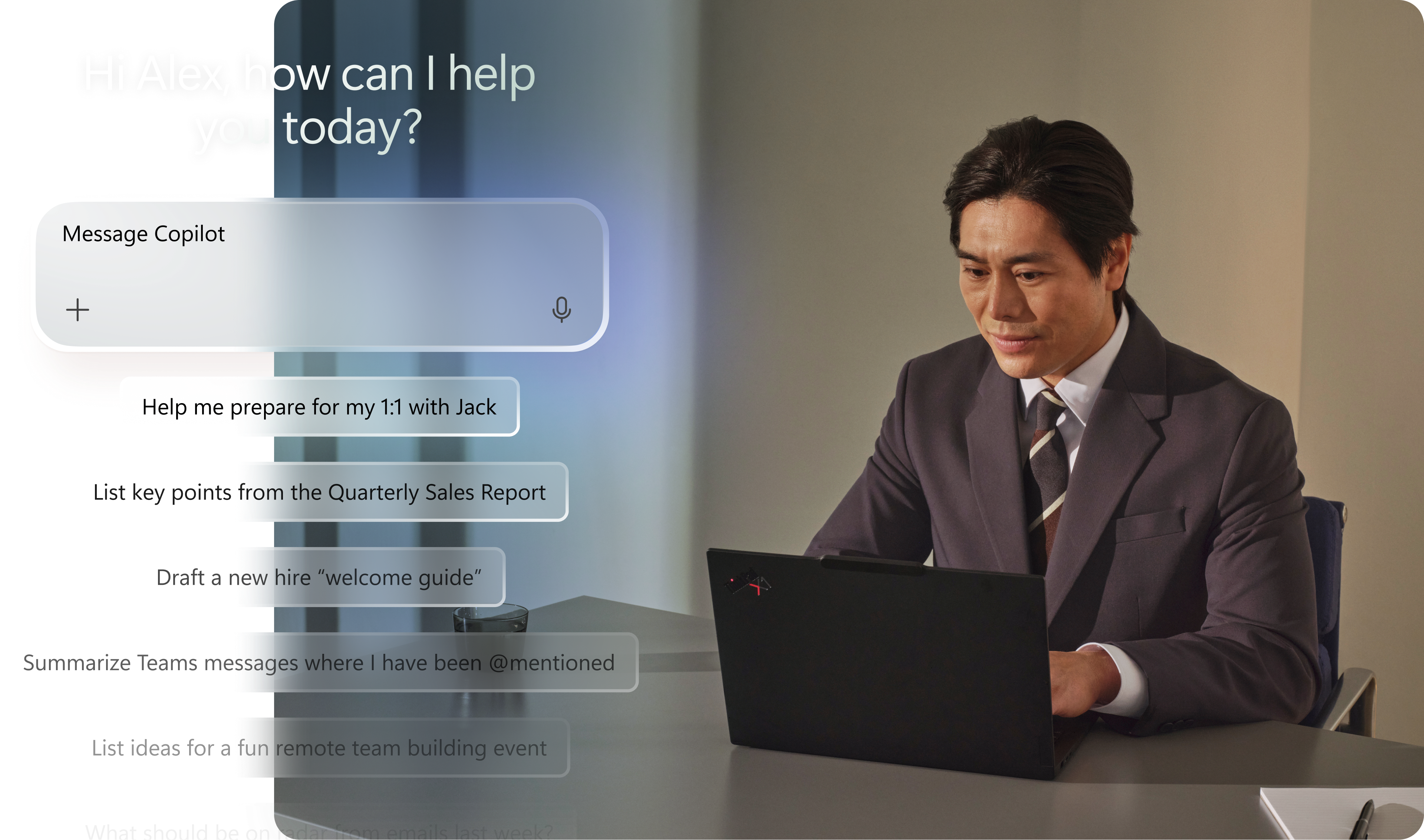 Person sitting at a desk with an open Windows 11 Pro device, a glass of water, a notebook, and a pen, and conceptual images with suggestions from an open Message Copilot window