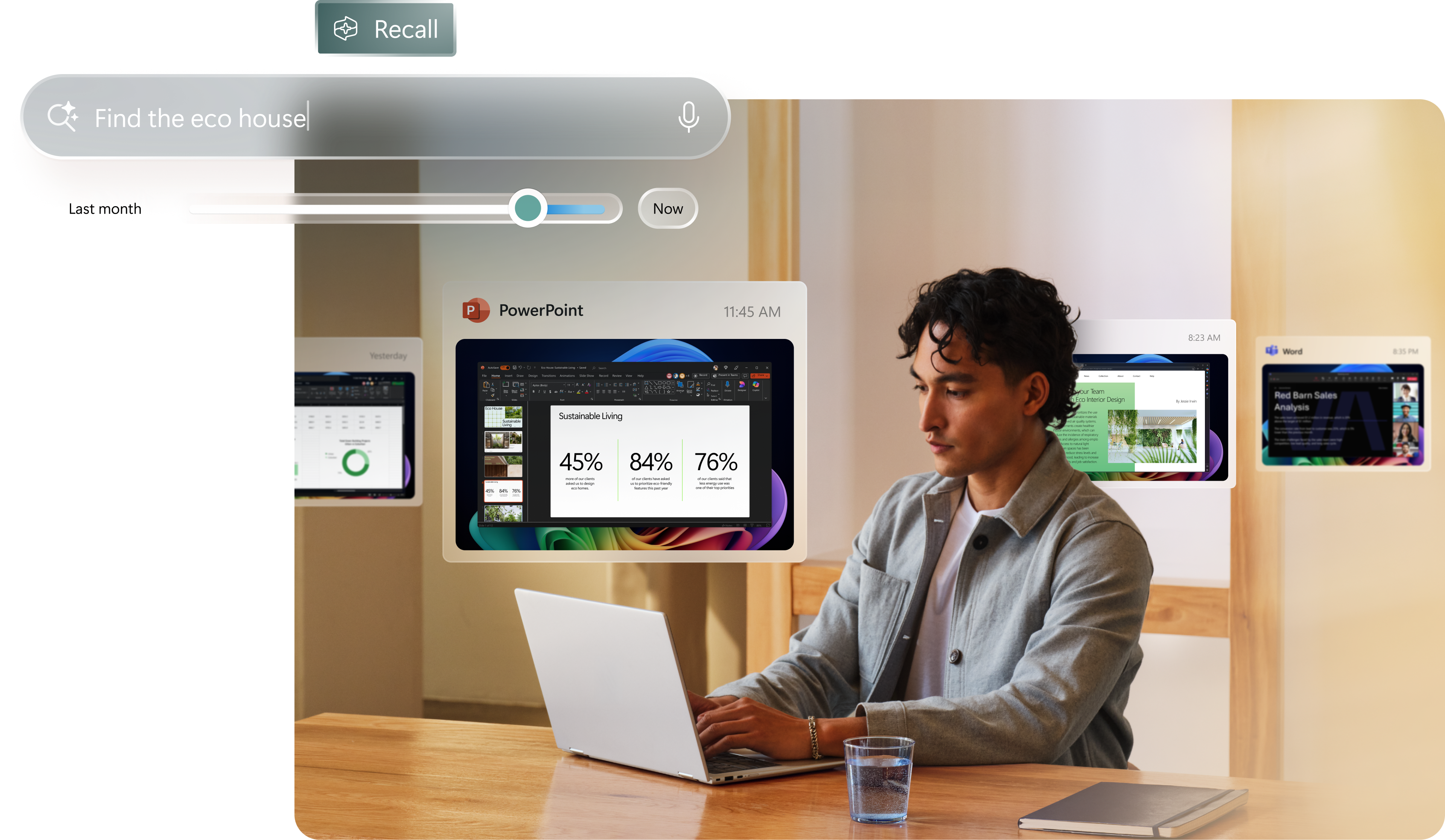 Person sitting at a desk with an open Windows 11 Pro device, a glass of water, and a notebook, and conceptual images showing Windows Search working across other apps, including PowerPoint, Excel, Word, and the Recall feature