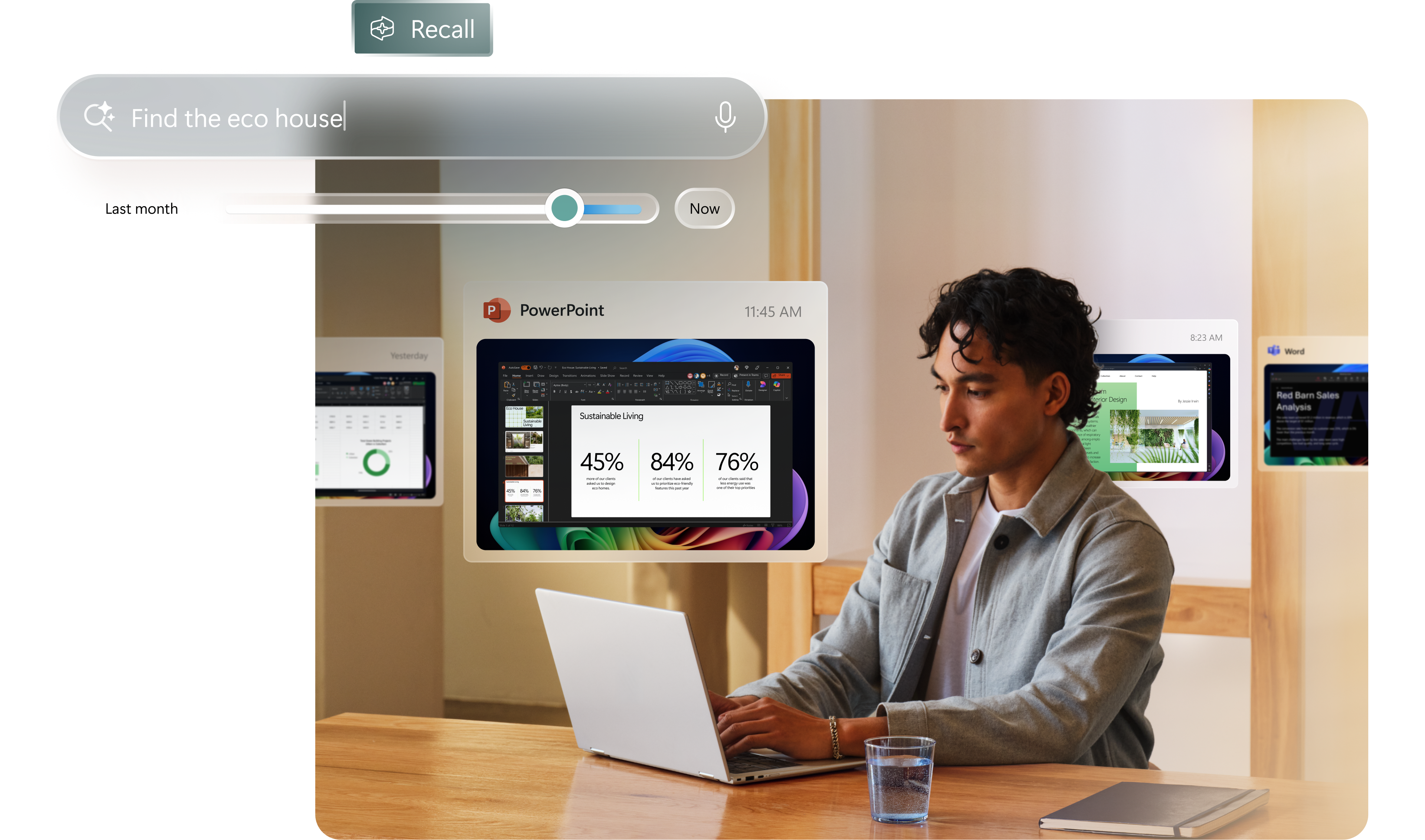 Person sitting at a desk with an open laptop, a glass of water, and a notebook, and conceptual images showing Windows Search working across other apps, including PowerPoint, Excel, Word, and the Recall feature