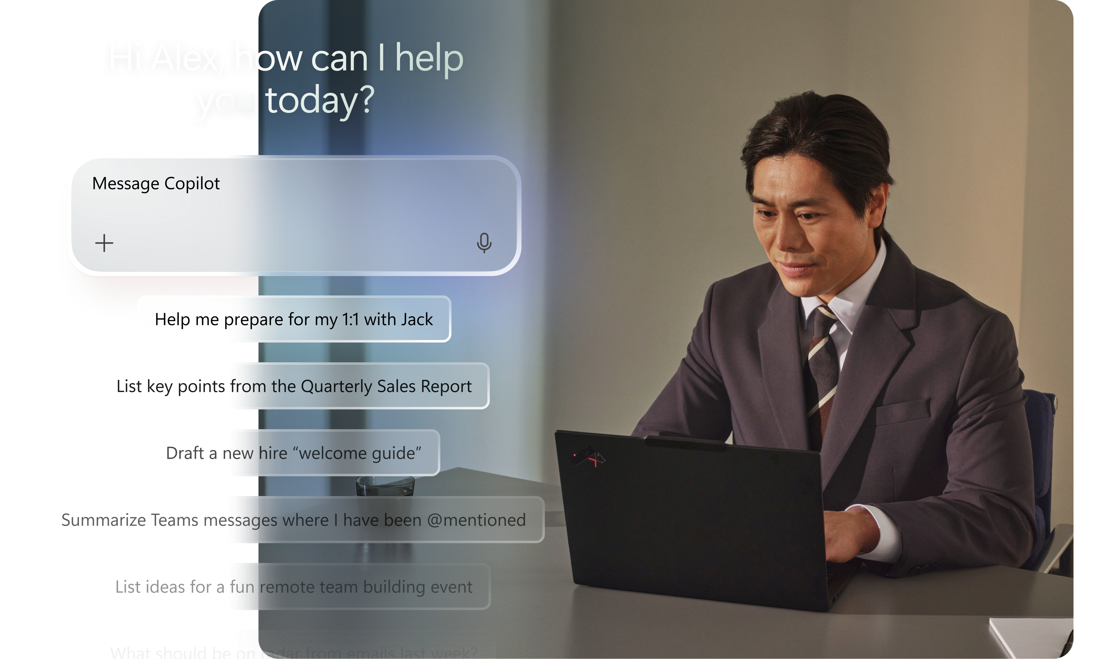 Person sitting at a desk with an open laptop, a glass of water, a notebook, and a pen, and conceptual images with suggestions from an open Message Copilot window