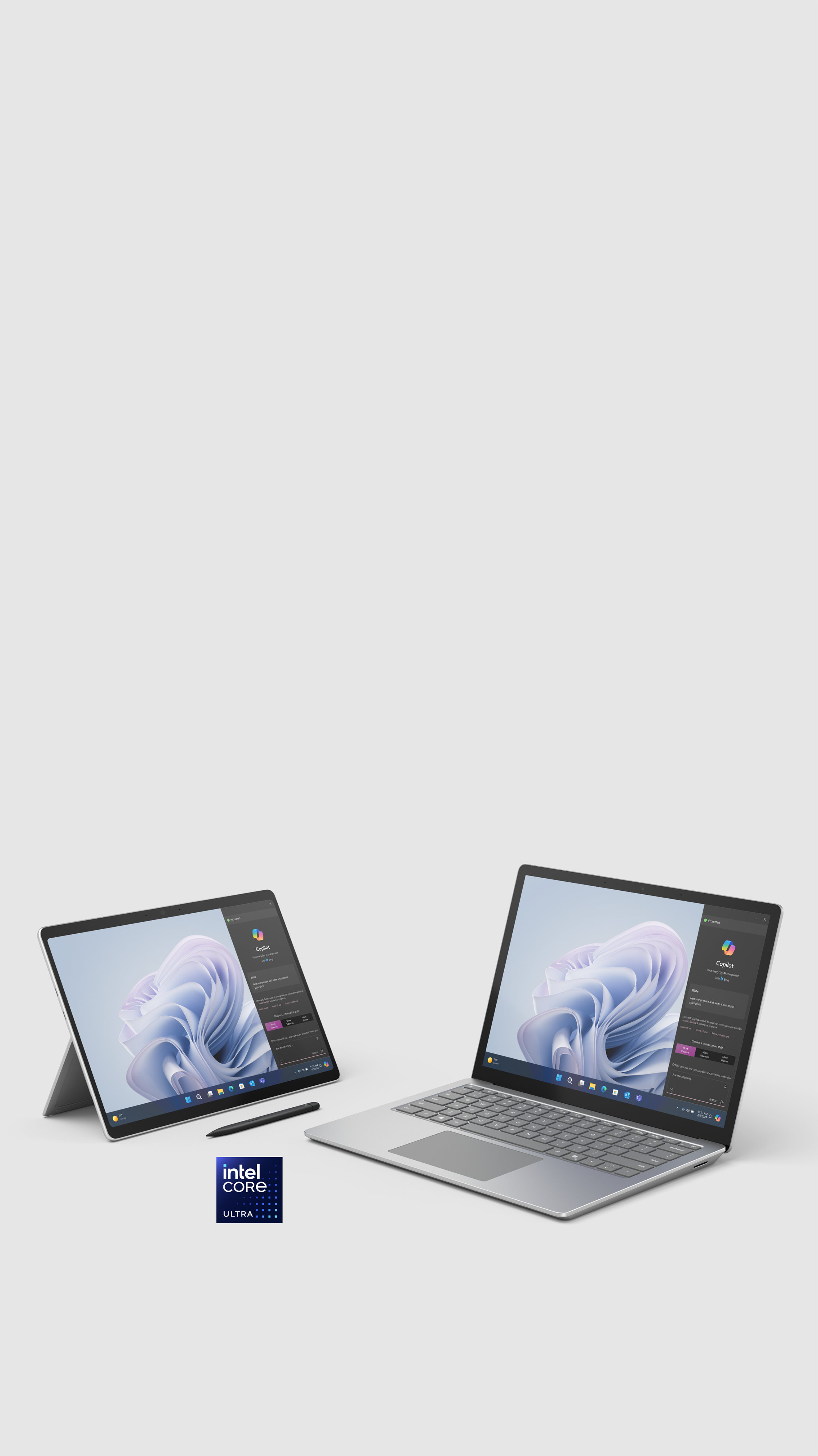 Surface Pro 10 및 Surface Laptop 6의 렌더링 이미지가 나란히 놓인 모습