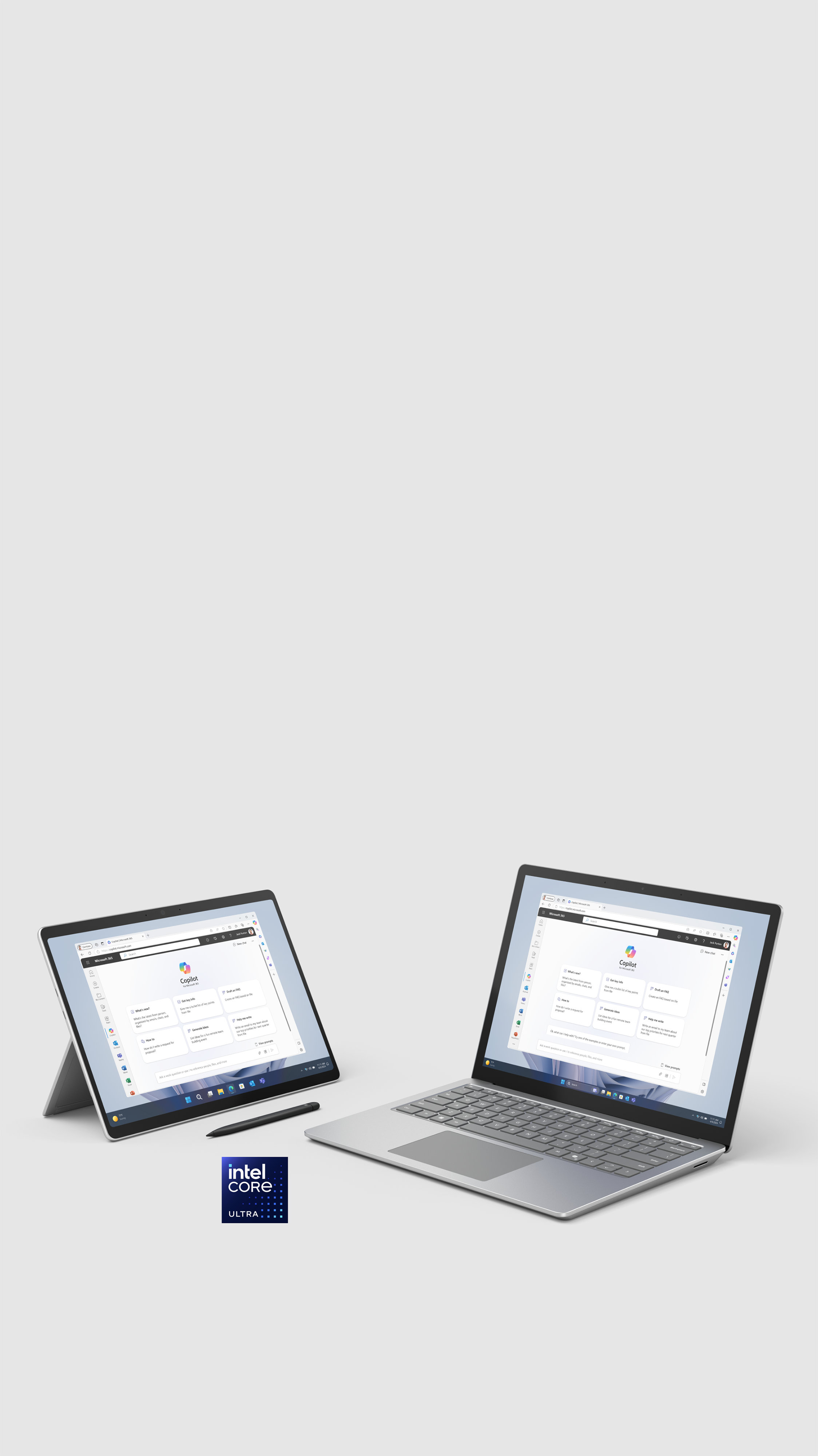 Wygenerowany cyfrowo obraz urządzeń Surface Pro 10 i Surface Laptop 6 znajdujących się obok siebie
