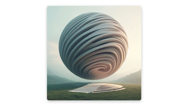 Hovering, spherical work of architecture in a natural space