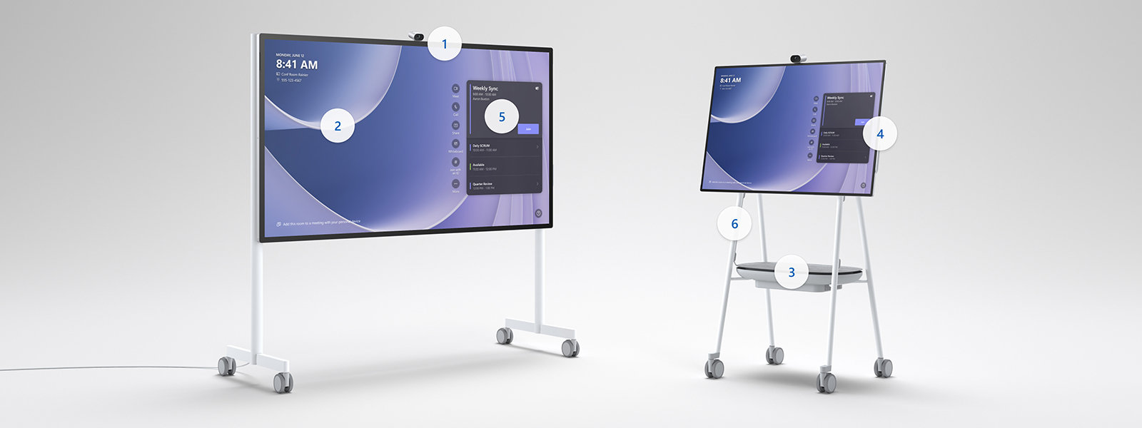 An image showcasing the Hub 3 85-inch and the Hub 3 50-inch on a moving stand in landscape mode