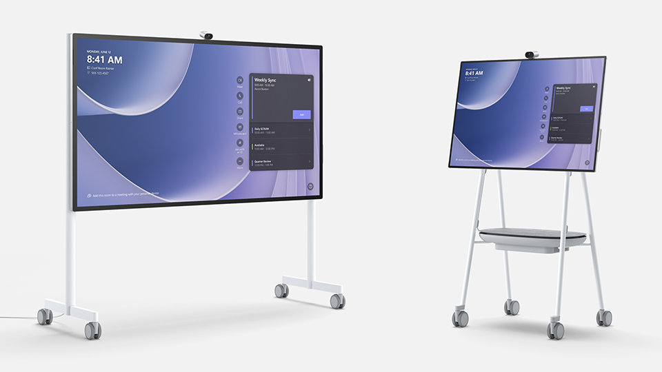 An image showing the 85-inch Hub 3 in landscape mode on a rolling stand, and the 50-inch Hub 3 on a rolling stand in portrait mode