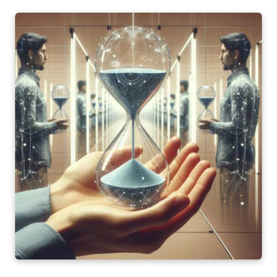 Human hands holding a futuristic 3D hourglass in a mirror room