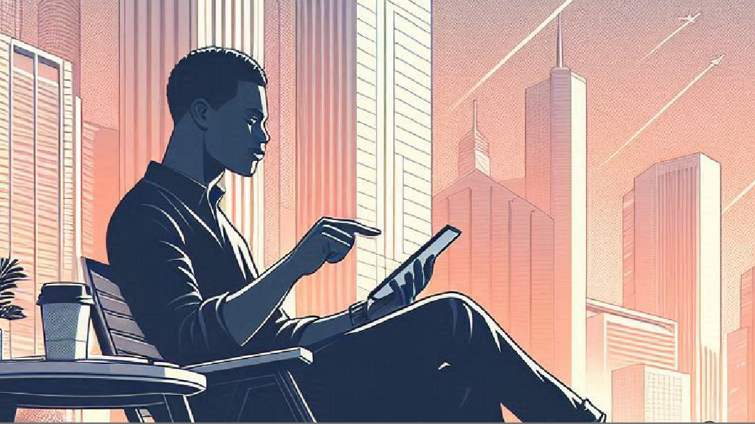 Illustration of a man sitting by a window in a high-rise building using a tablet