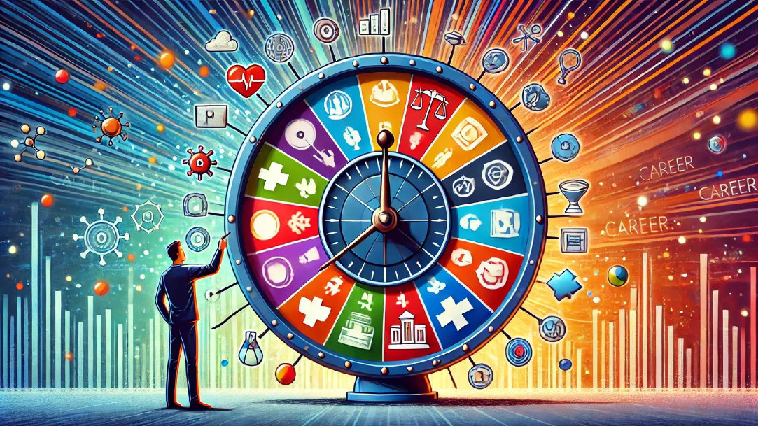 Illustration of a man spinning a wheel of career possibilities