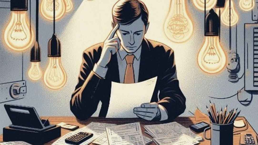 Illustration of man looking at a bill, sitting at a desk covered in lots of bills