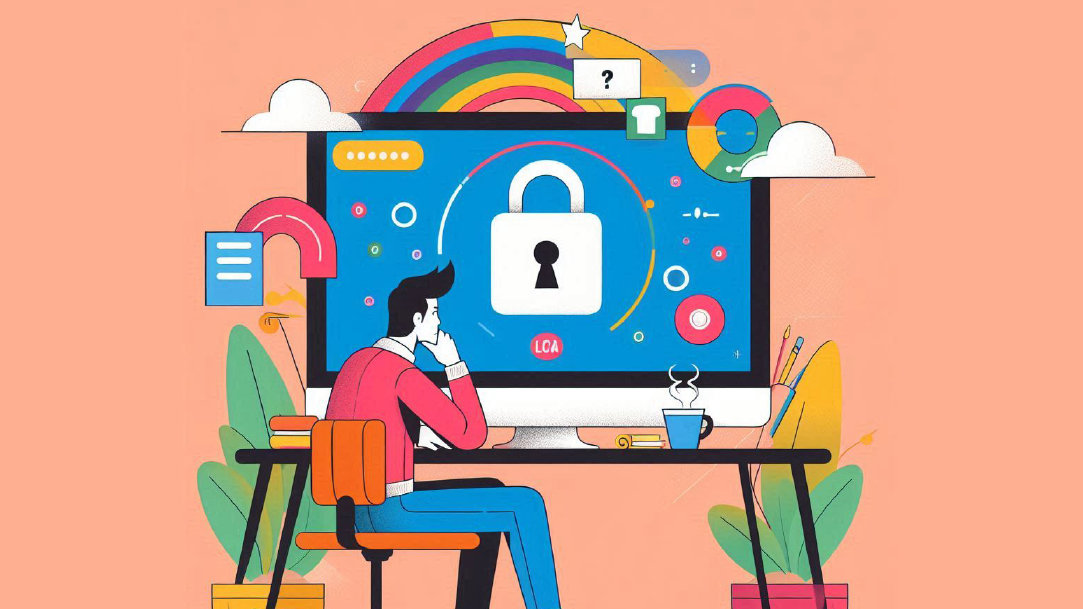 Illustration of man with locked screen working on computer