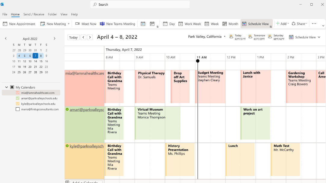 Image of a color-coded Microsoft Outlook calendar