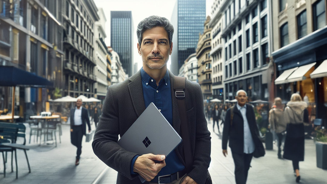Image of a man on the go, walking down a busy street with a Surface Pro in his hand
