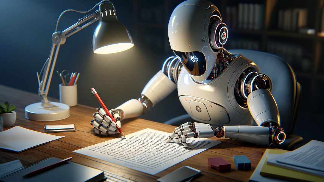 Image of a robot editing writing on a piece of paper at a desk